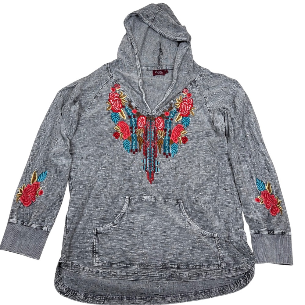 Avani Del Amour Embroidered Pullover‎ Hoodie Floral Gray Womens L Cozy